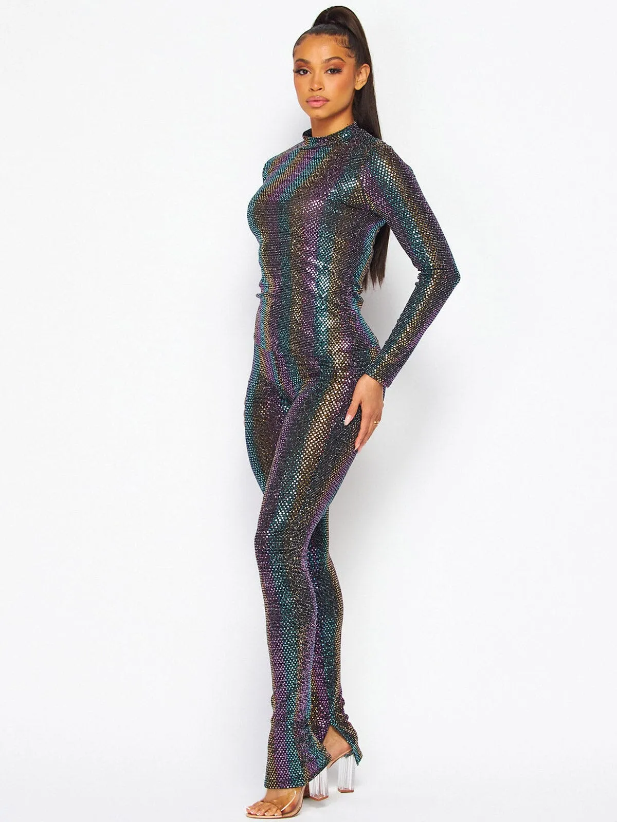 WOMEN'S LONG SLEEVE TOP & ELASTIC WAIST PANTS MULTI SEQUINS 2PC. SET