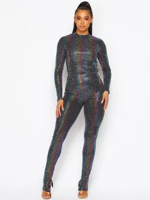 WOMEN'S LONG SLEEVE TOP & ELASTIC WAIST PANTS MULTI SEQUINS 2PC. SET