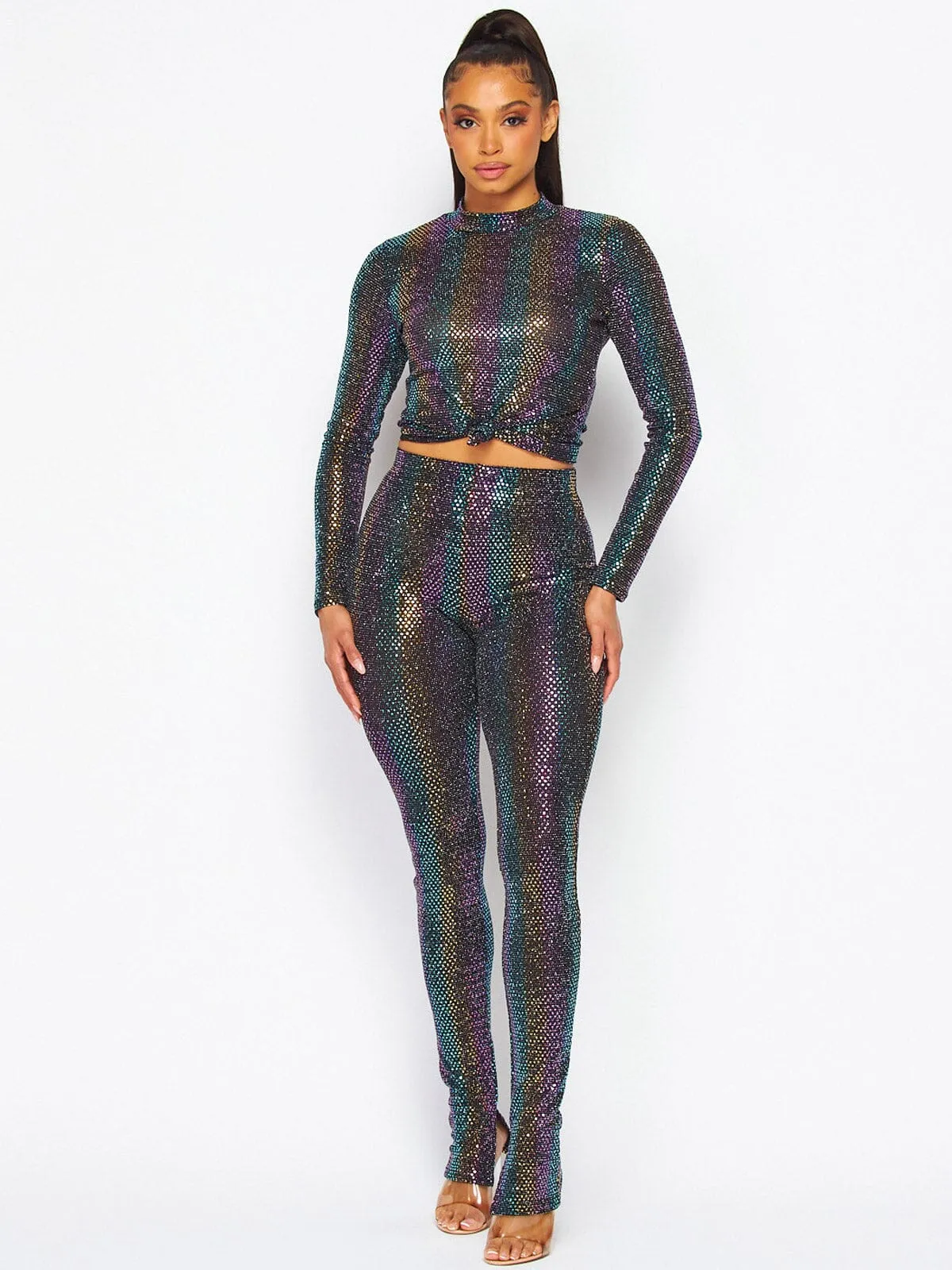WOMEN'S LONG SLEEVE TOP & ELASTIC WAIST PANTS MULTI SEQUINS 2PC. SET