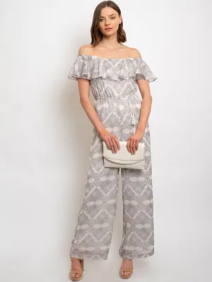 WOMEN'S METALLIC FLORAL PRINT OFF SHOULDER W/ TASSEL TIE IN JUMPSUIT