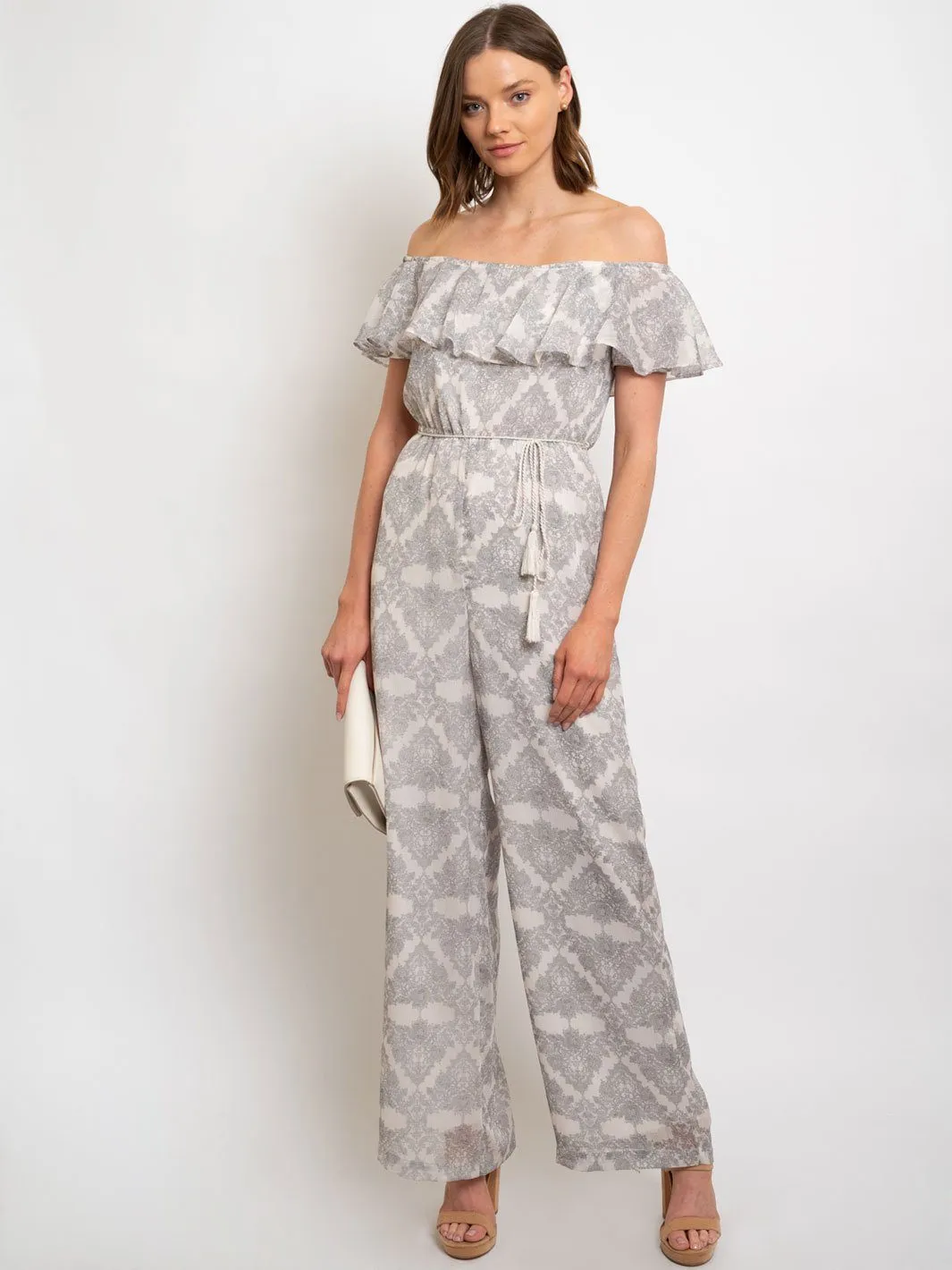 WOMEN'S METALLIC FLORAL PRINT OFF SHOULDER W/ TASSEL TIE IN JUMPSUIT