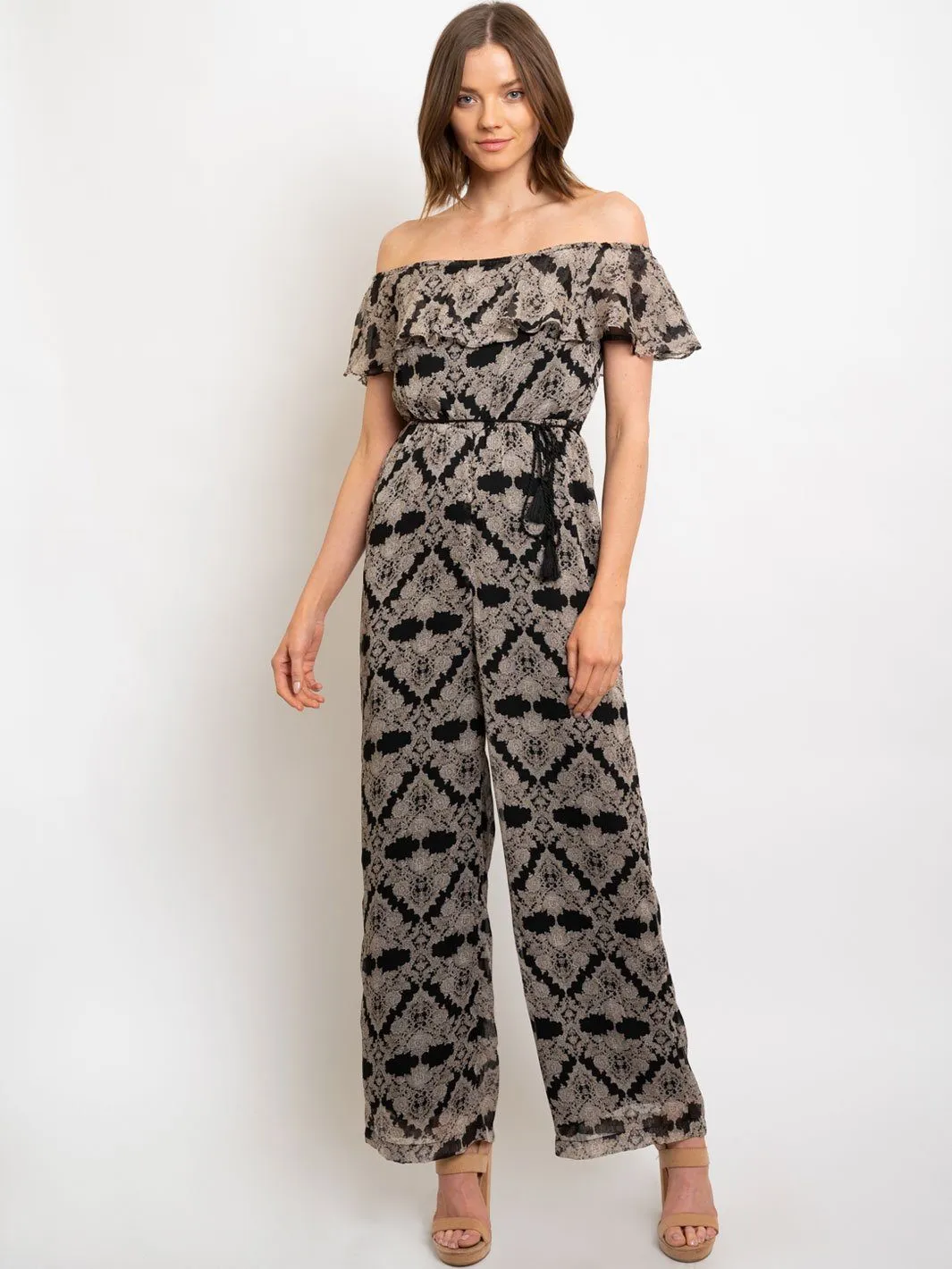 WOMEN'S METALLIC FLORAL PRINT OFF SHOULDER W/ TASSEL TIE IN JUMPSUIT