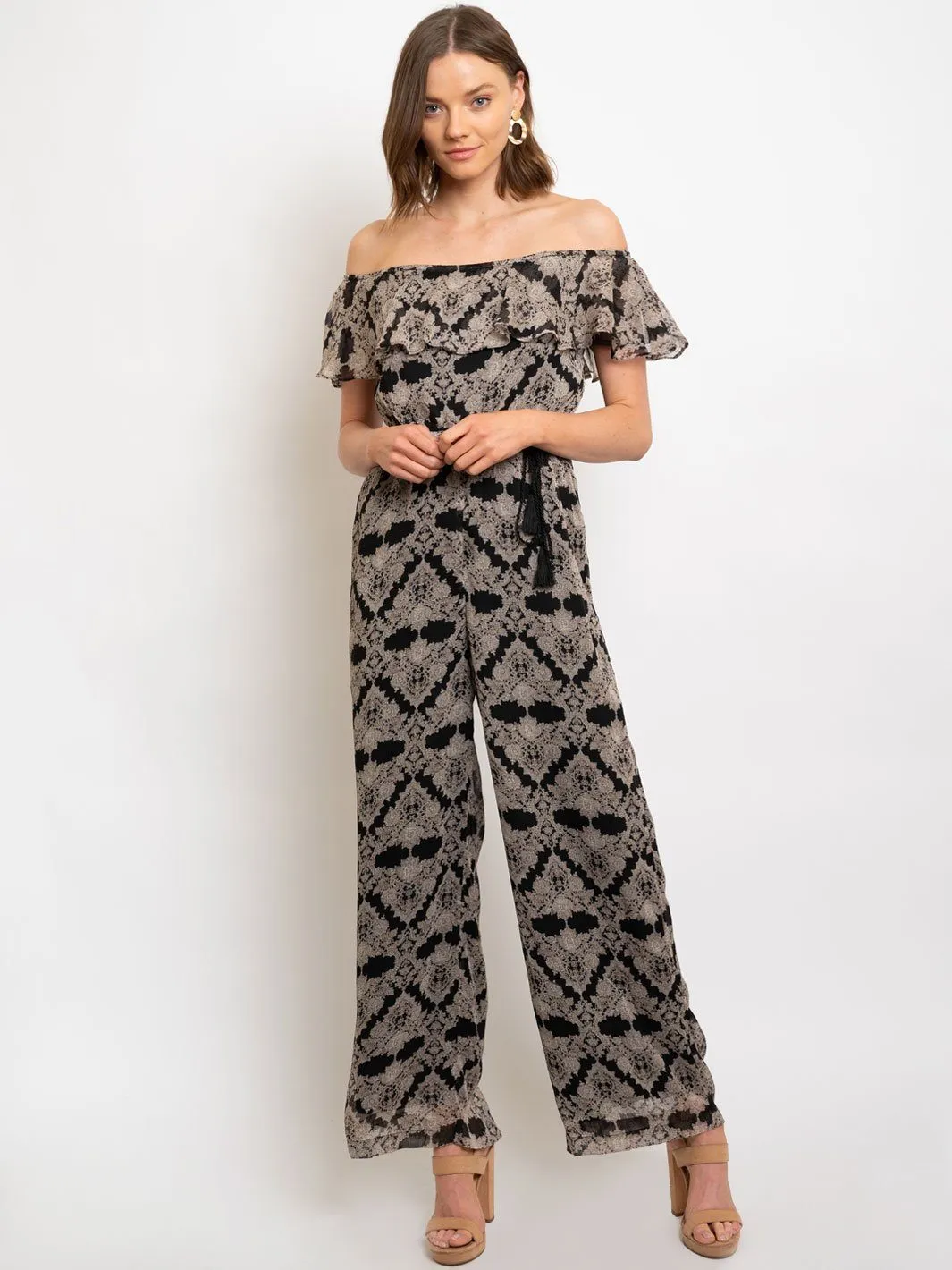 WOMEN'S METALLIC FLORAL PRINT OFF SHOULDER W/ TASSEL TIE IN JUMPSUIT