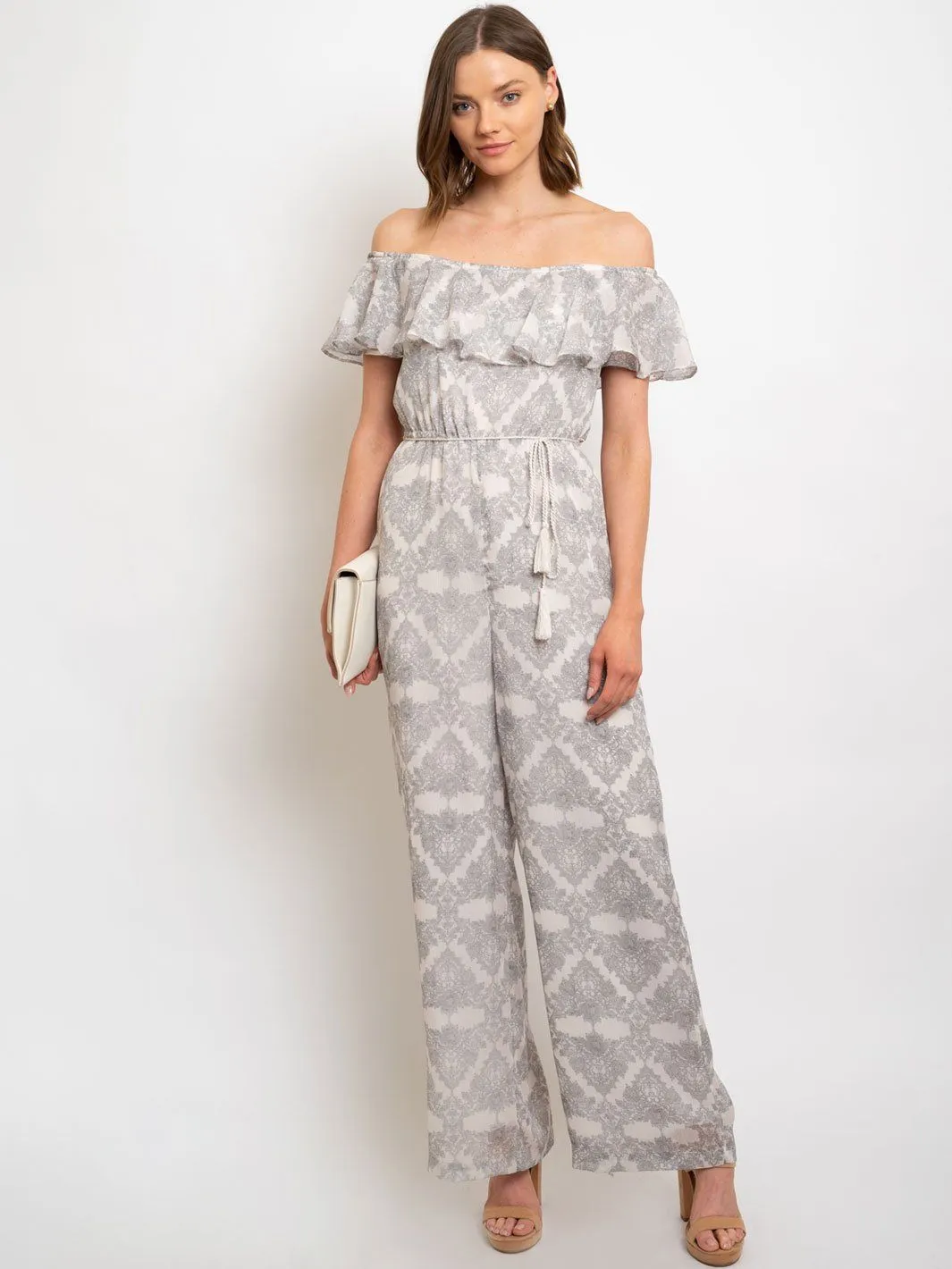 WOMEN'S METALLIC FLORAL PRINT OFF SHOULDER W/ TASSEL TIE IN JUMPSUIT