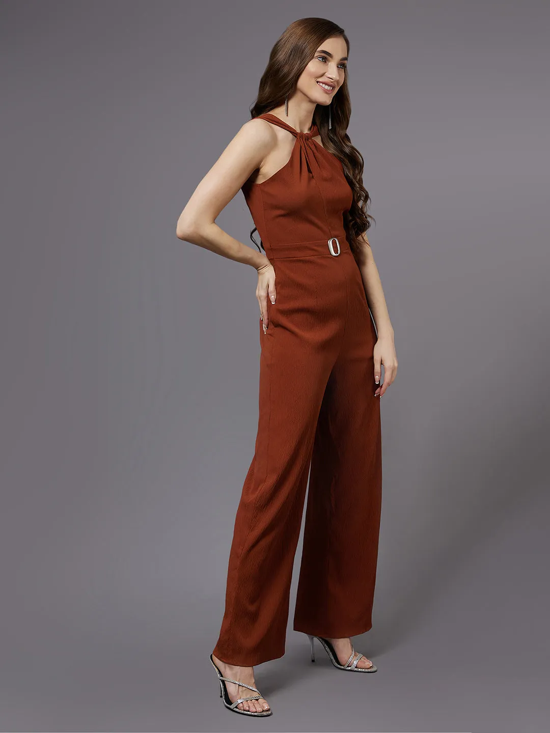 Women's Rust Halter Neck Sleeveless Solid Straight Leg Regular length Jumpsuit