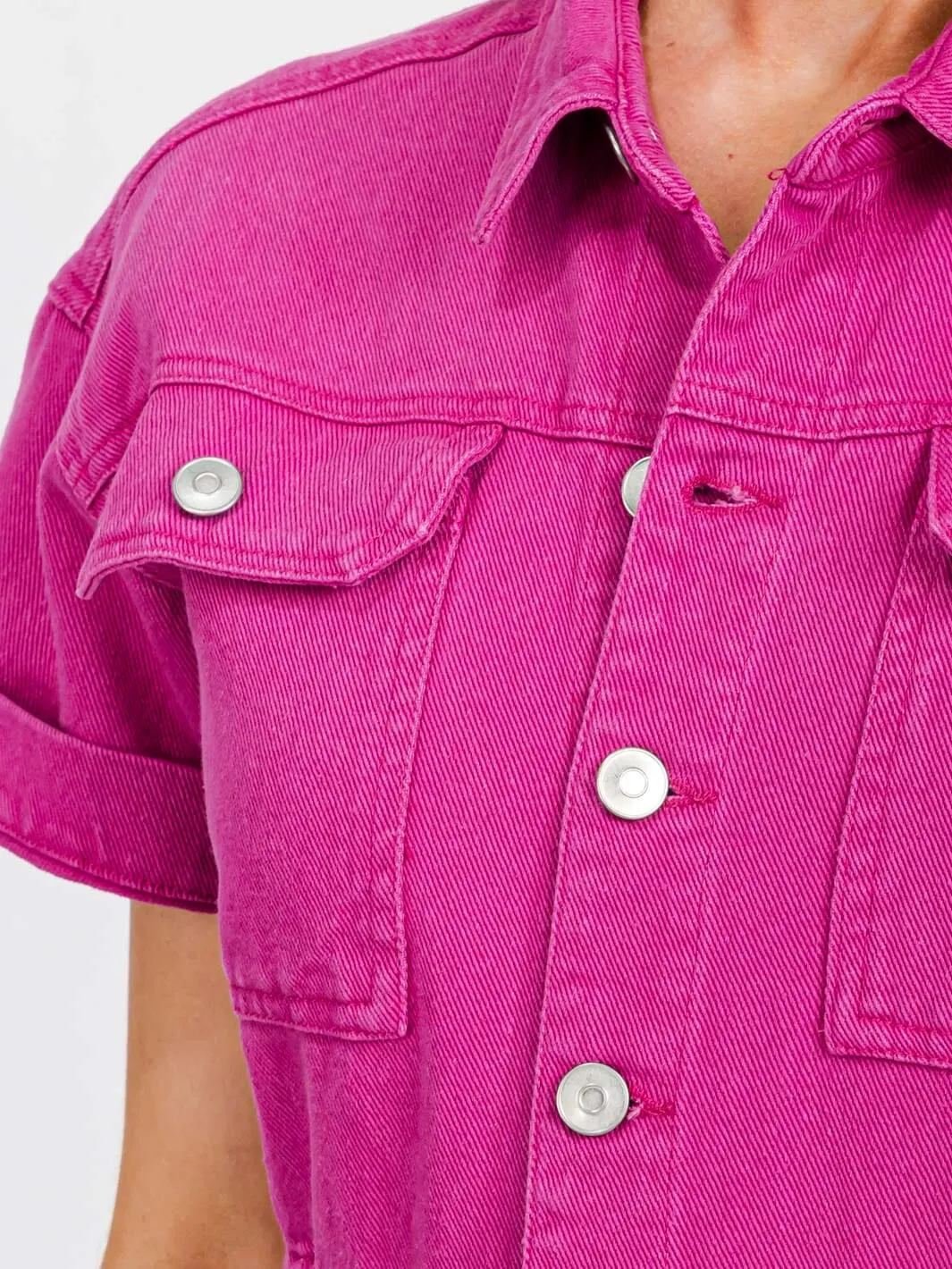 WOMEN'S SHORT SLEEVE BUTTON UP POCKETS WIDE LEG DENIM JUMPSUIT