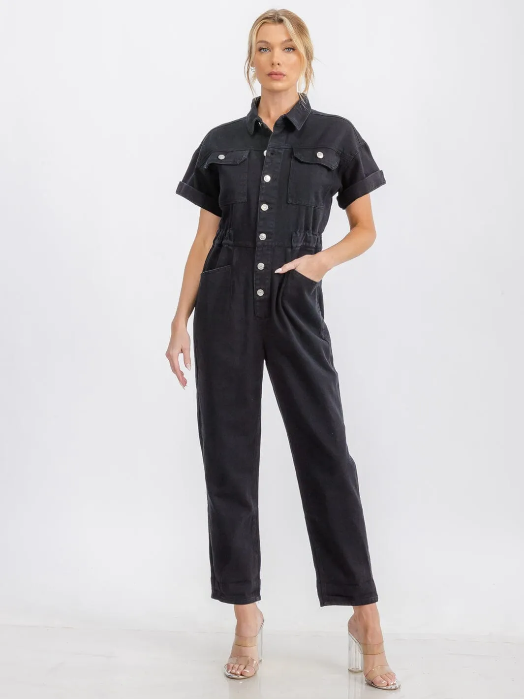 WOMEN'S SHORT SLEEVE BUTTON UP POCKETS WIDE LEG DENIM JUMPSUIT