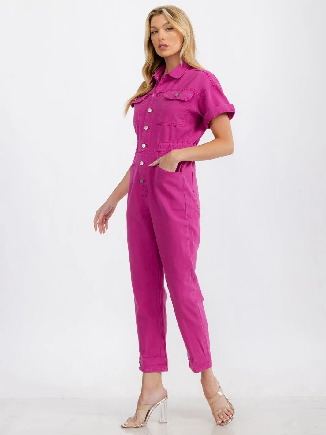 WOMEN'S SHORT SLEEVE BUTTON UP POCKETS WIDE LEG DENIM JUMPSUIT