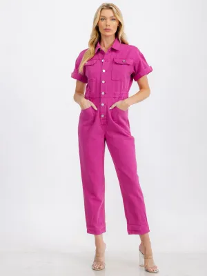 WOMEN'S SHORT SLEEVE BUTTON UP POCKETS WIDE LEG DENIM JUMPSUIT