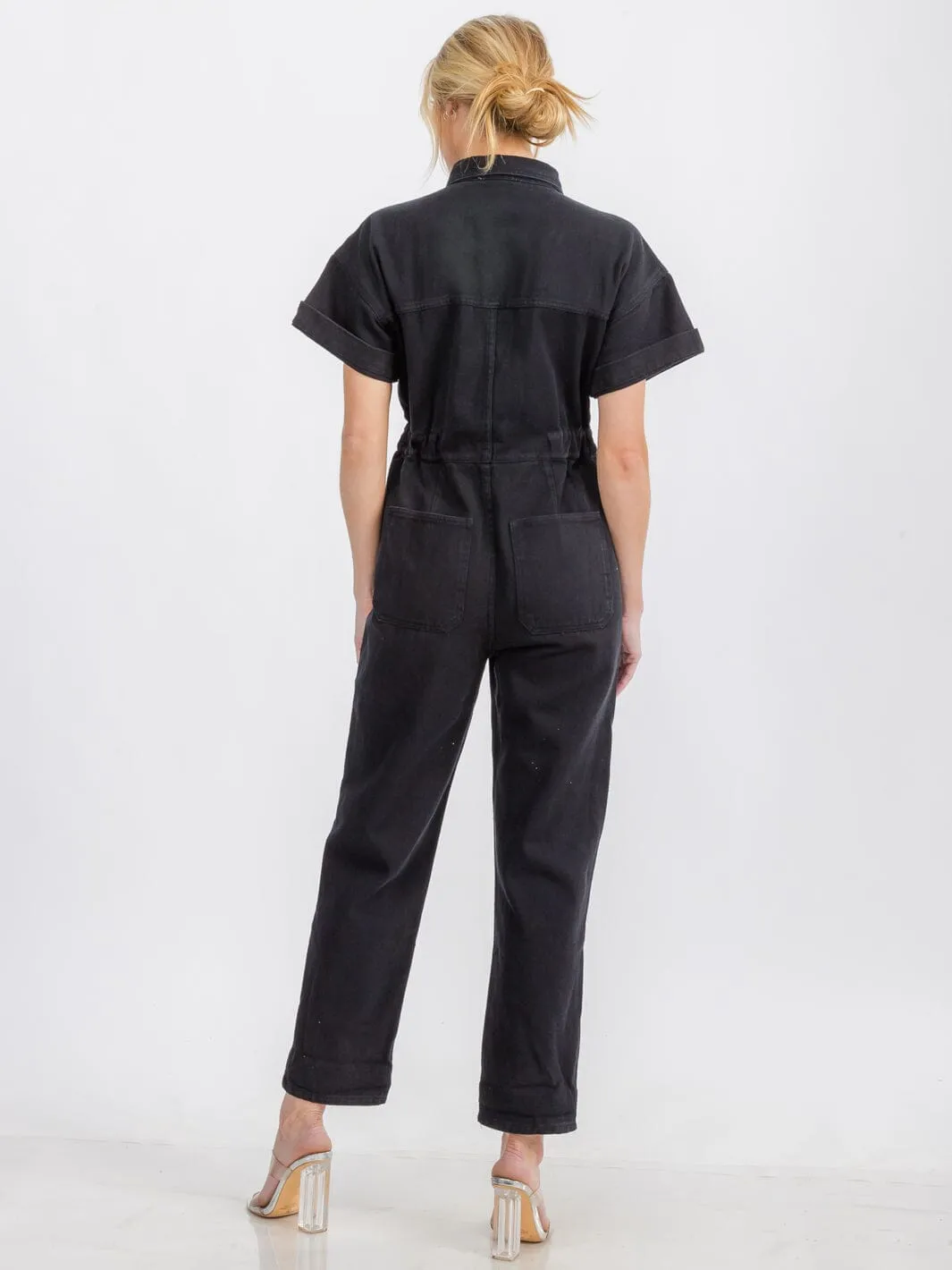 WOMEN'S SHORT SLEEVE BUTTON UP POCKETS WIDE LEG DENIM JUMPSUIT