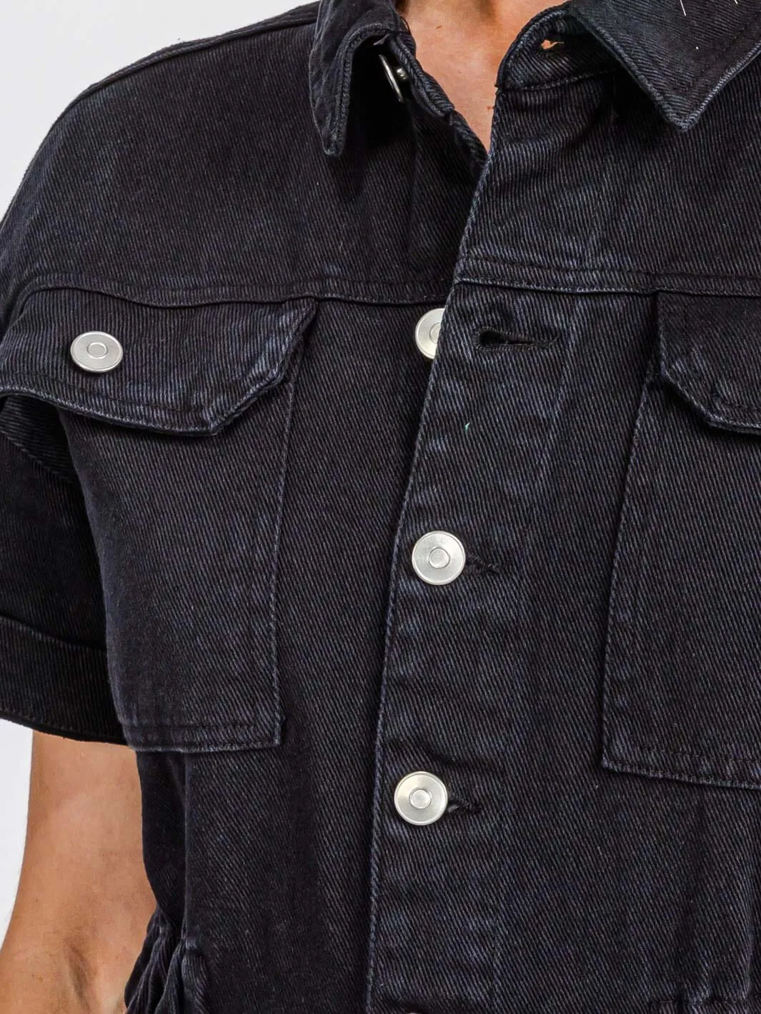 WOMEN'S SHORT SLEEVE BUTTON UP POCKETS WIDE LEG DENIM JUMPSUIT