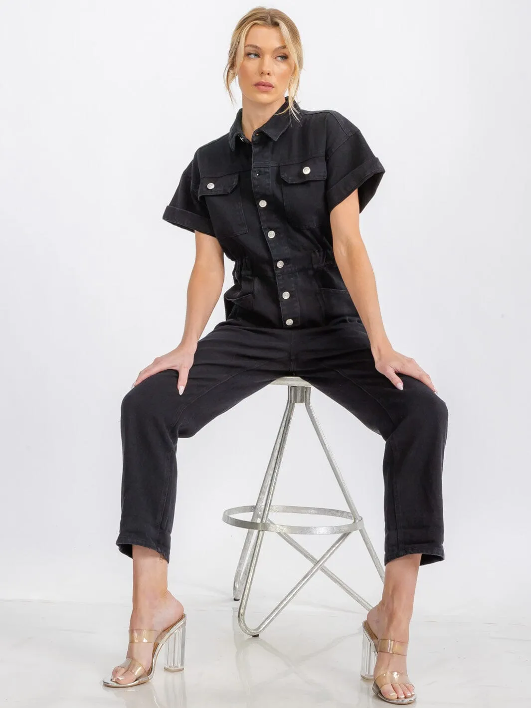 WOMEN'S SHORT SLEEVE BUTTON UP POCKETS WIDE LEG DENIM JUMPSUIT