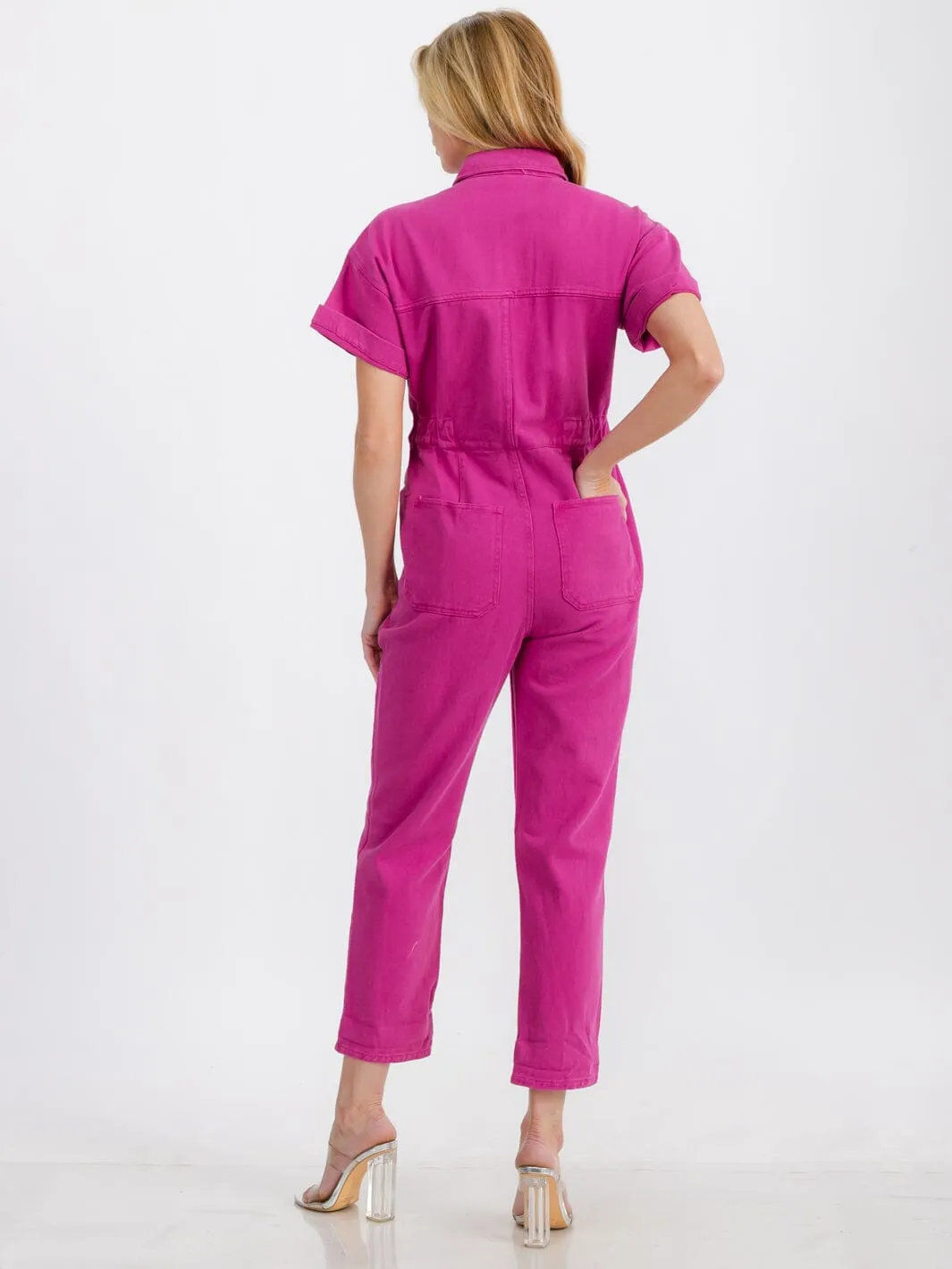 WOMEN'S SHORT SLEEVE BUTTON UP POCKETS WIDE LEG DENIM JUMPSUIT