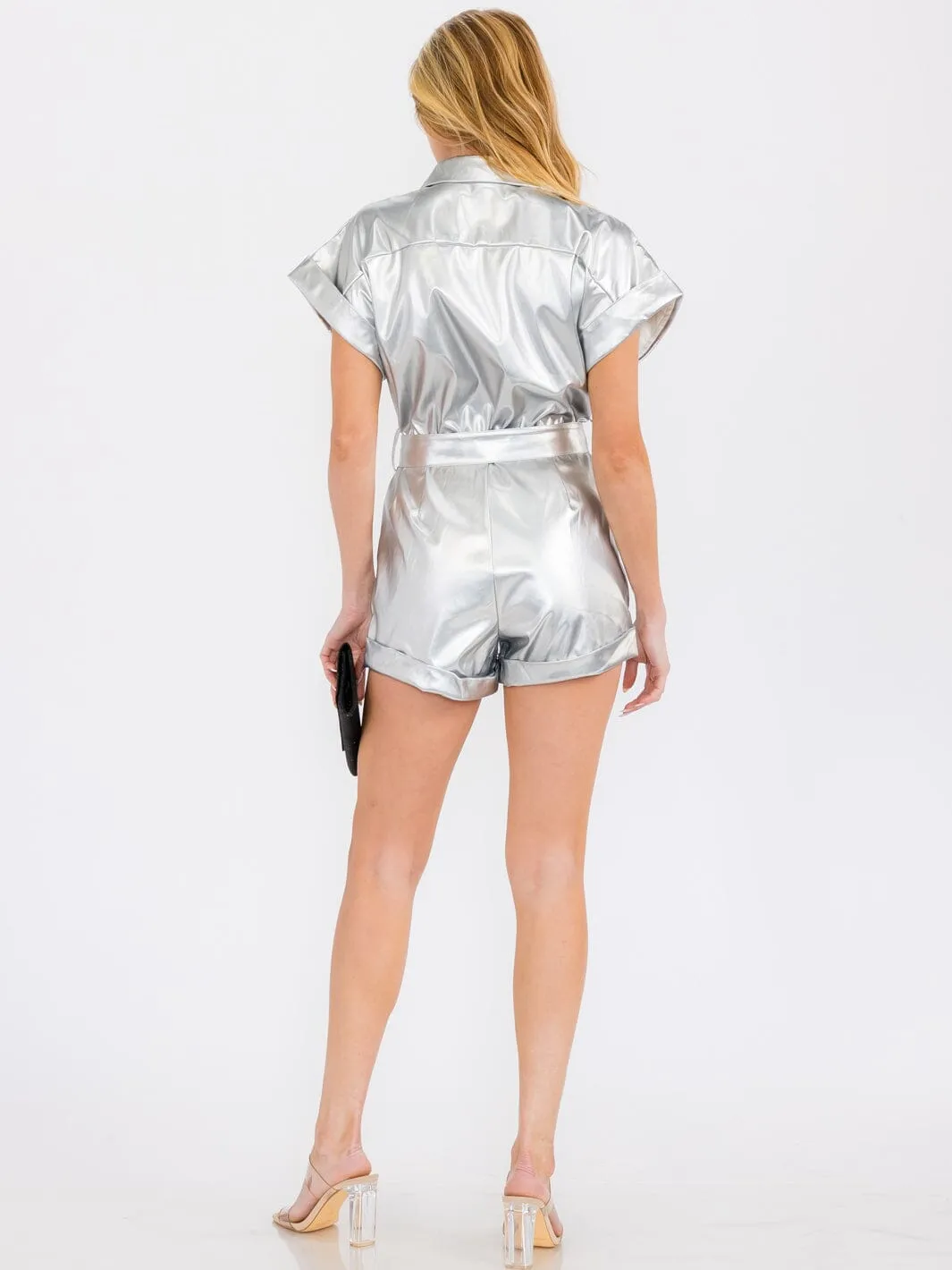 WOMEN'S SHORT SLEEVE ZIP UP SELF TIE METALLIC PU PLEATHER ROMPER