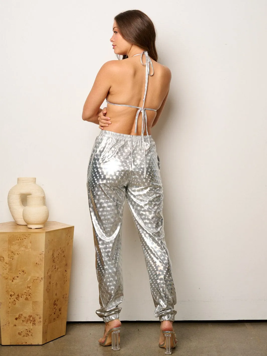 WOMEN'S SLEEVELESS CROP TOP & SKINNY PANTS METALLIC 2PC SET