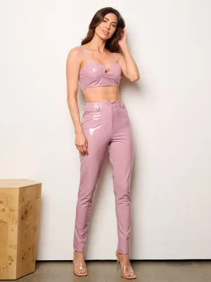 WOMEN'S SLEEVELESS CROP TOP & SKINNY PANTS METALLIC PU PLEATHER 2PC.SET