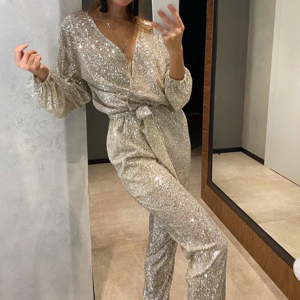 Women's Sparkly V Neck Belted Jumpsuits