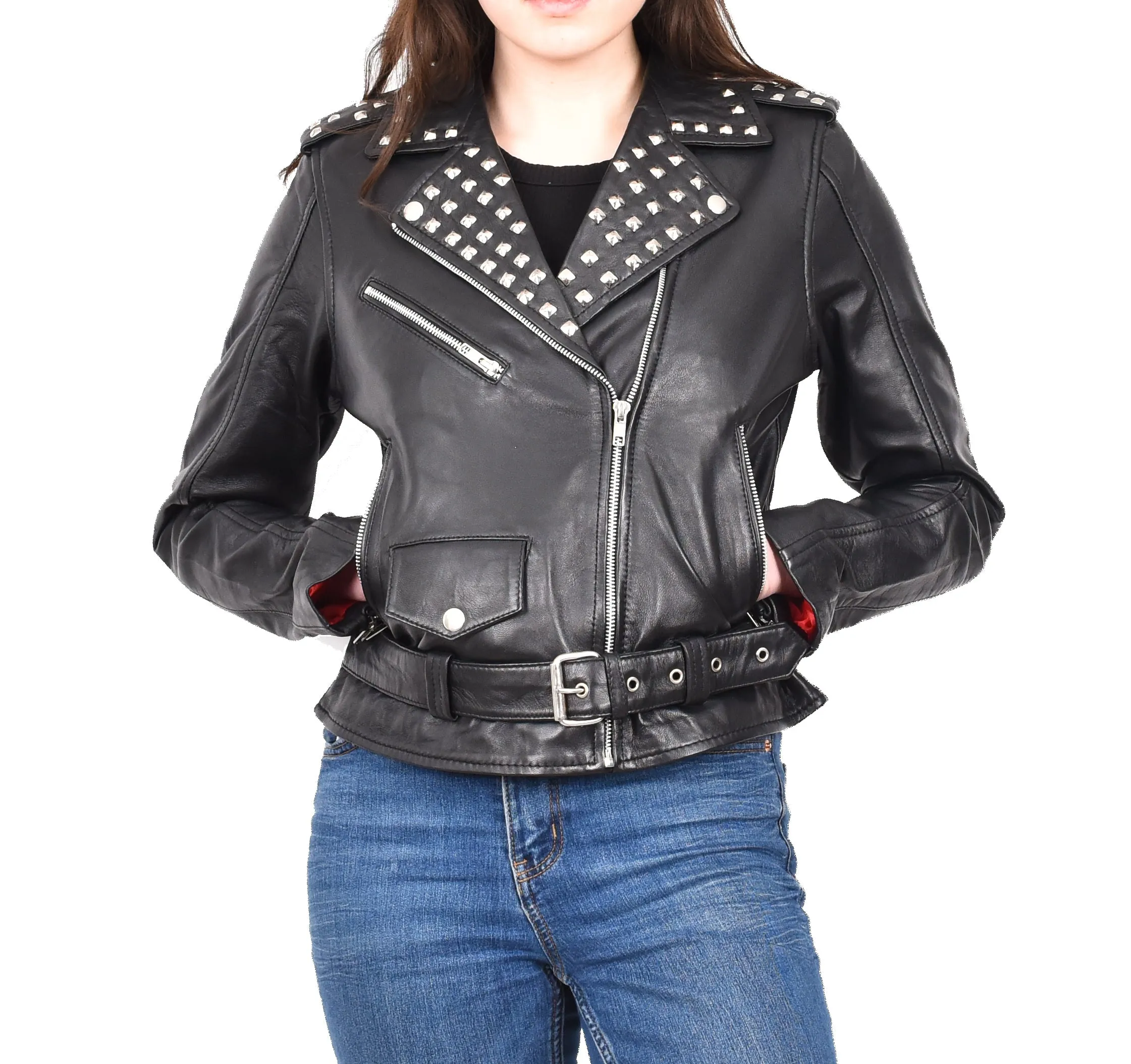 Women's Studded Biker Style Real Leather Jacket Black Celestial