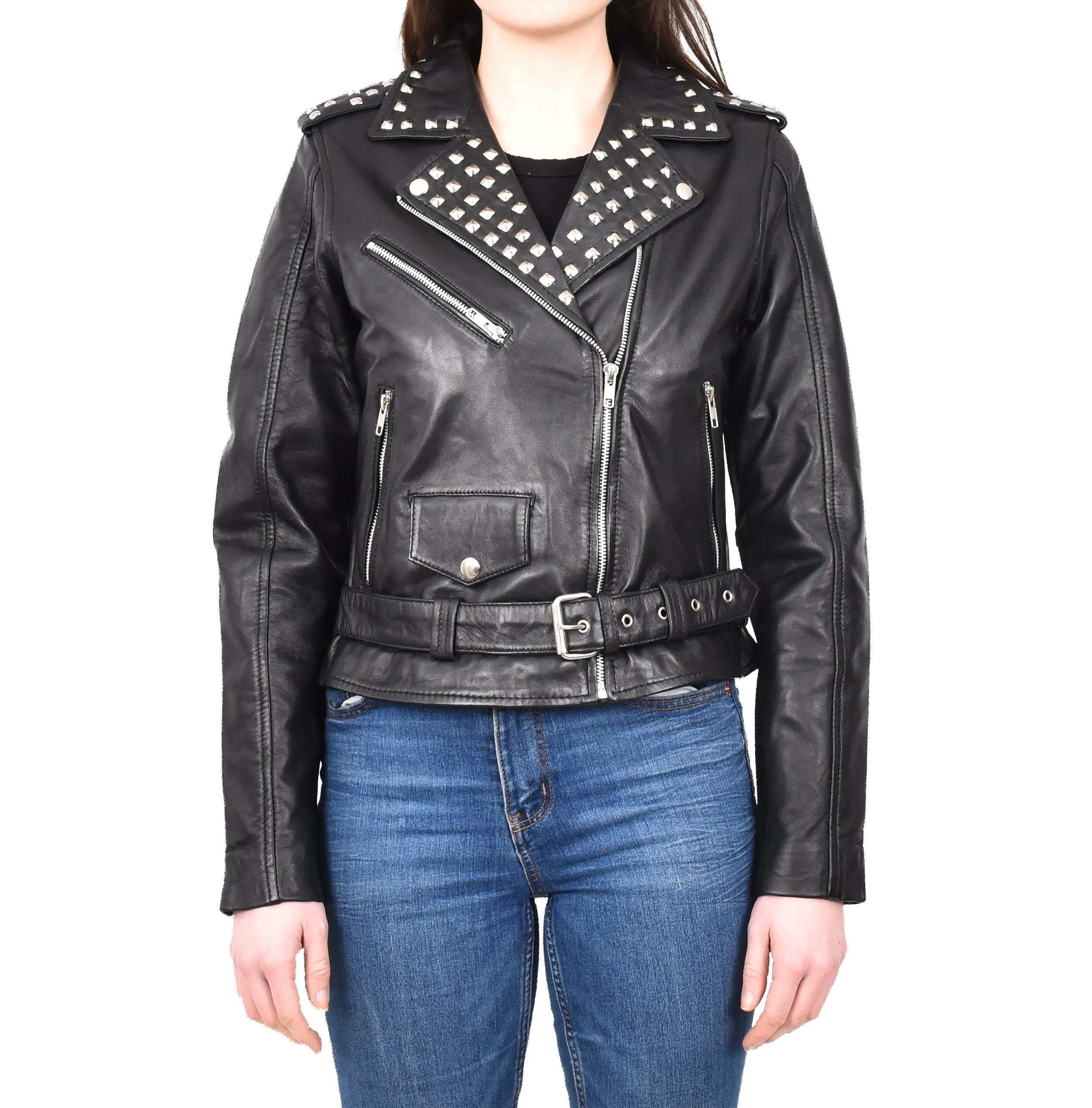 Women's Studded Biker Style Real Leather Jacket Black Celestial