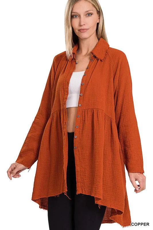 ZENANA Peplum Raw Edge Shirt With Pockets