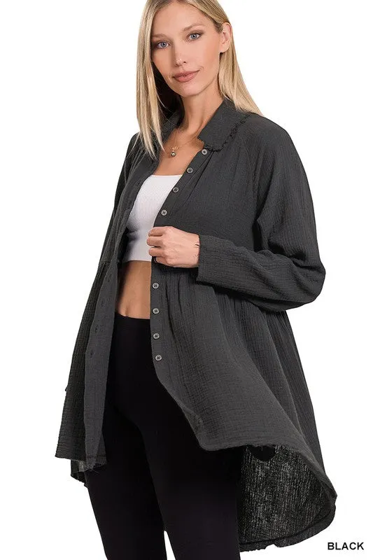 ZENANA Peplum Raw Edge Shirt With Pockets