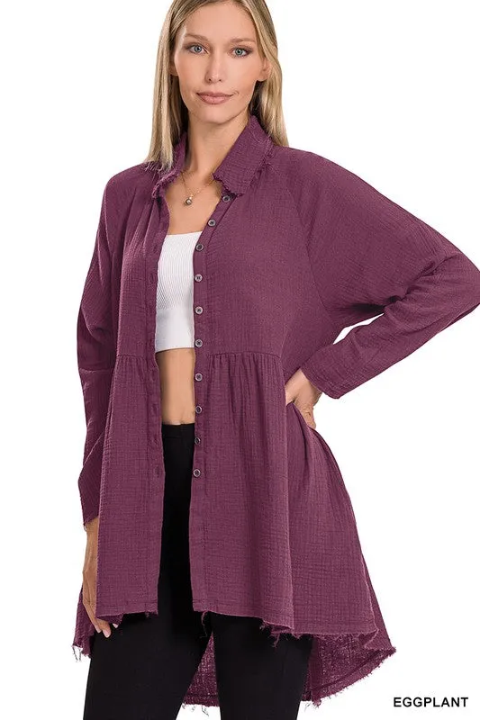 ZENANA Peplum Raw Edge Shirt With Pockets